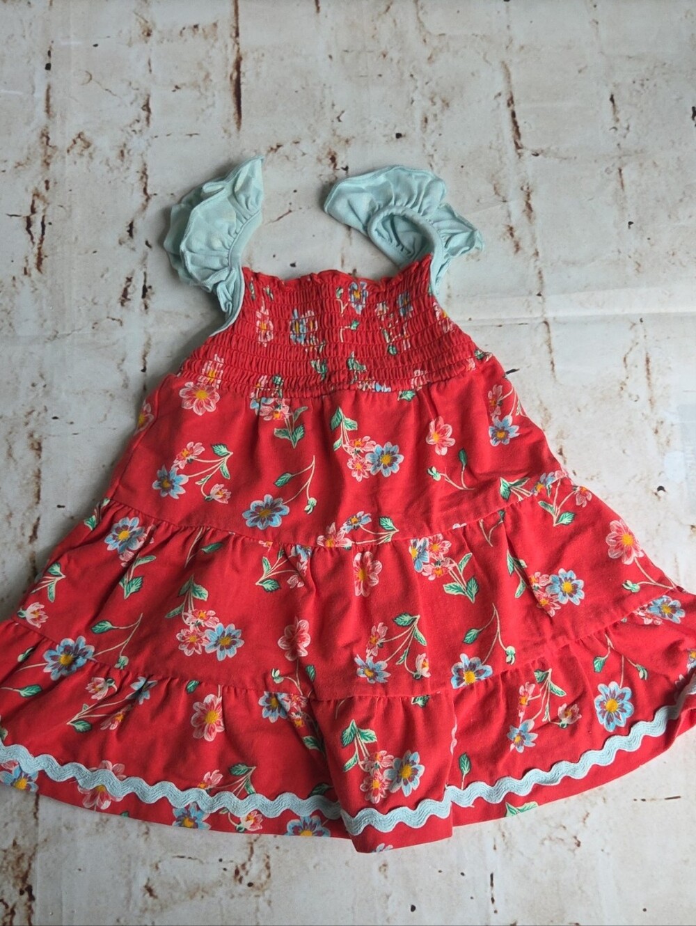 Matilda Jane Red Floral Tiered Dress with Light Blue Ruffle Straps
